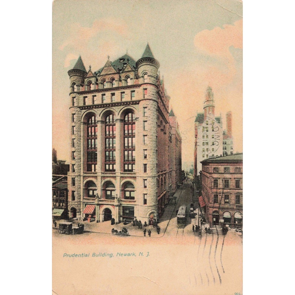 Vintage 1907 Prudential Building Newark NJ Postcard Street Scene Trolley Stamp - Picture 1 of 2